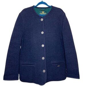 Giesswein Austria Boiled Wool Cardigan Jacket Sz 14 Navy Blue Embossed button